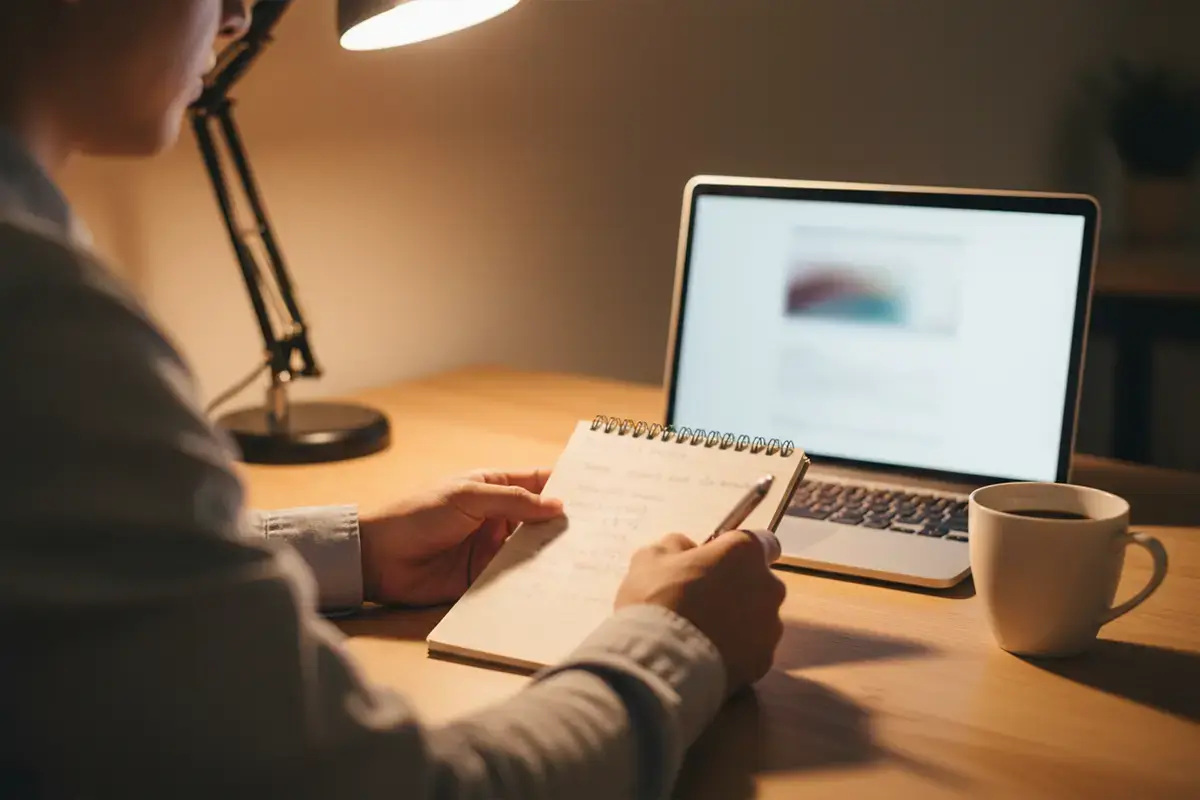 Person plant Wetteinsätze mit Notizblock und Stift – Symbolbild für Bankroll Management bei Eishockey-Wetten