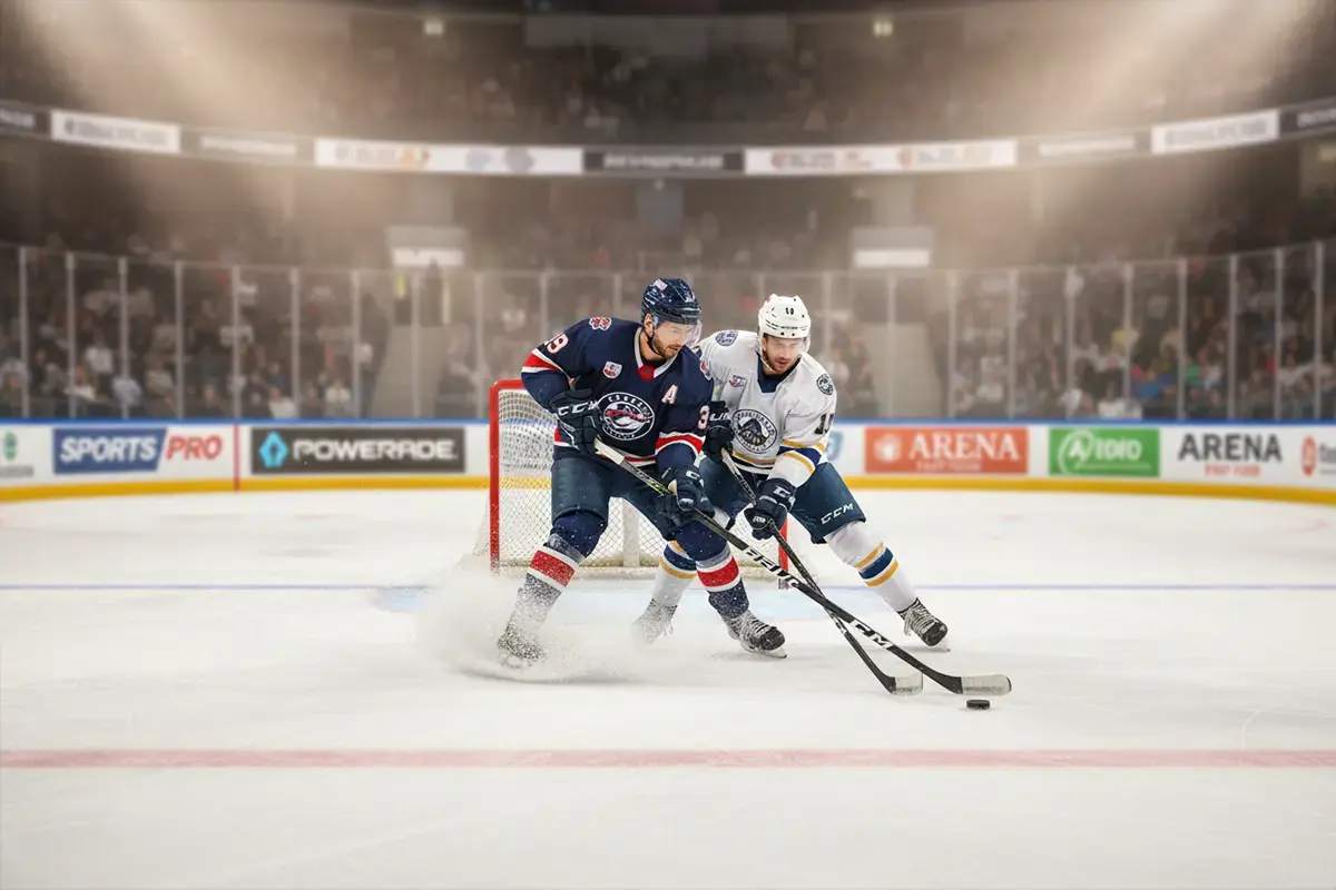 Eishockeyspieler im Zweikampf vor dem Tor – Symbolbild für Handicap-Wetten im Eishockey
