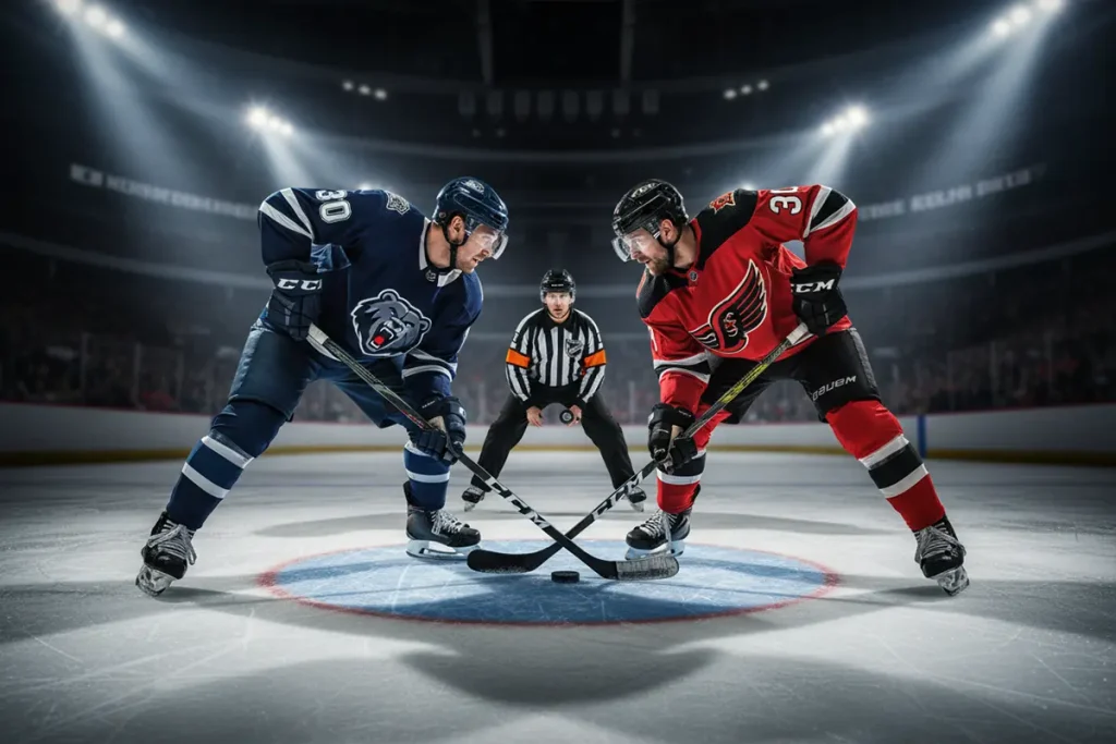 Zwei Eishockeyteams stehen sich beim Bully gegenüber – Symbolbild für Head-to-Head-Analyse