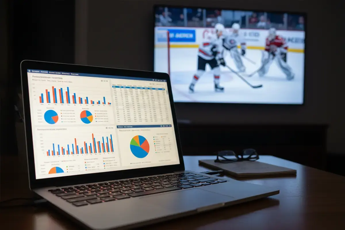Laptop mit Eishockey-Statistiken neben einem Eishockeyspiel im Hintergrund – Symbolbild für Live-Statistiken