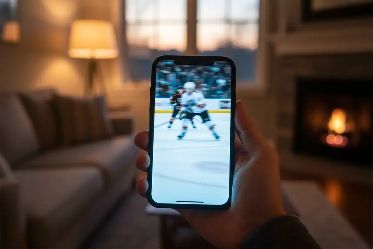Smartphone zeigt ein Eishockeyspiel als Livestream – Symbolbild für Live-Streaming bei Wettanbietern