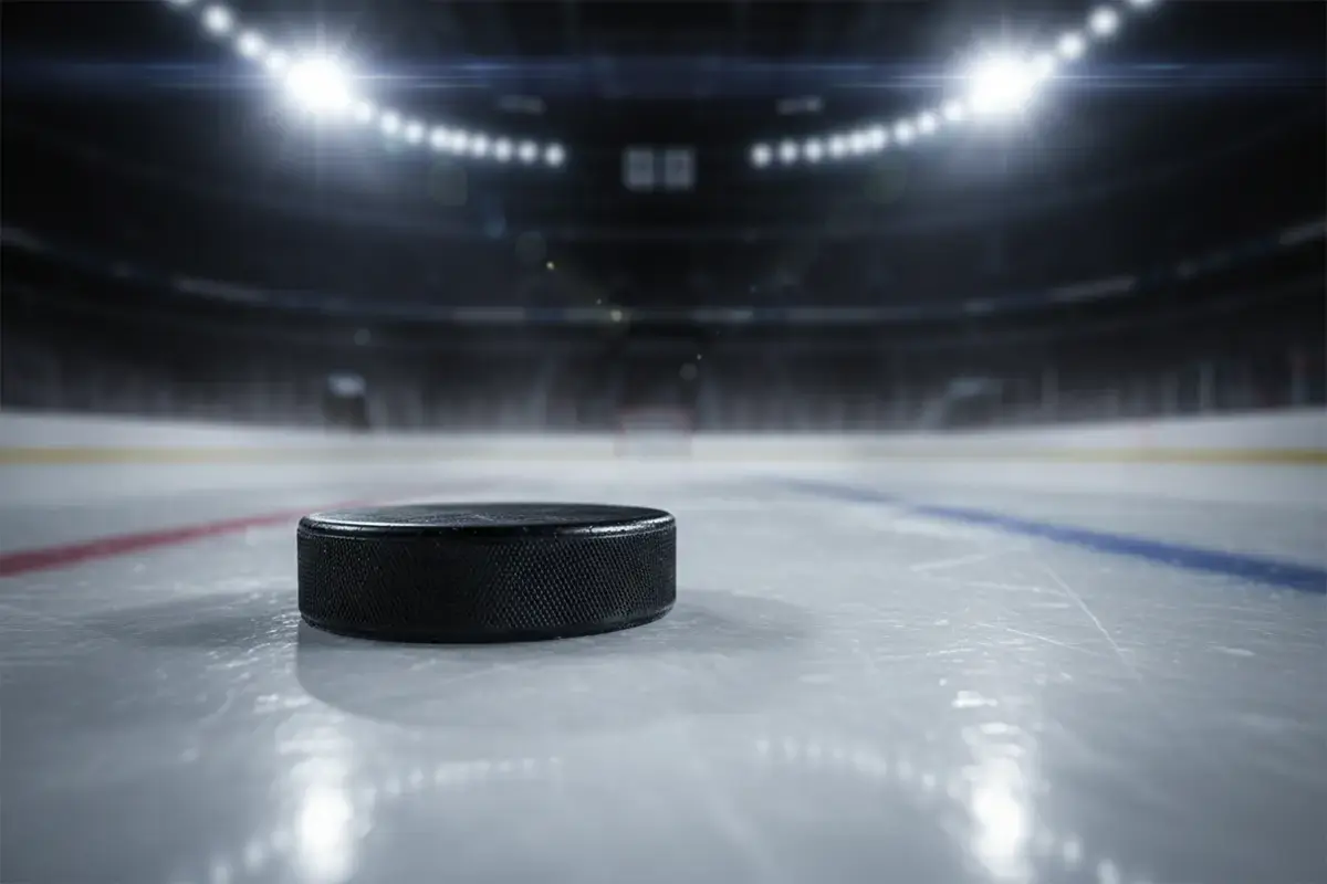 Eishockey-Livewetten: Puck auf der Eisfläche im Stadionlicht