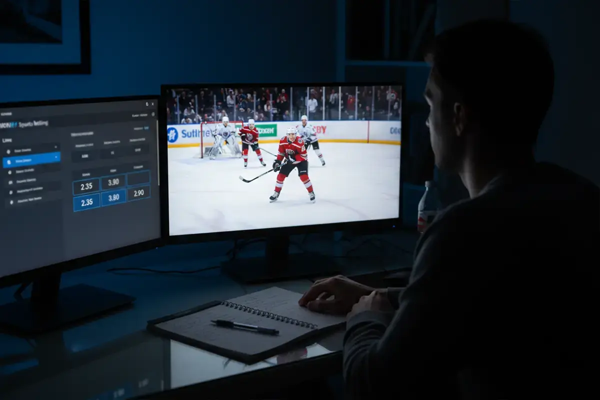 Eishockey-Livewetten Quoten auf einem Bildschirm während eines Spiels