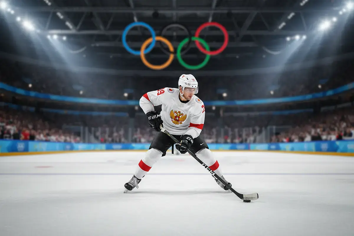 Eishockeyspieler mit olympischen Ringen im Hintergrund – Symbolbild für Olympia-Eishockey-Wetten