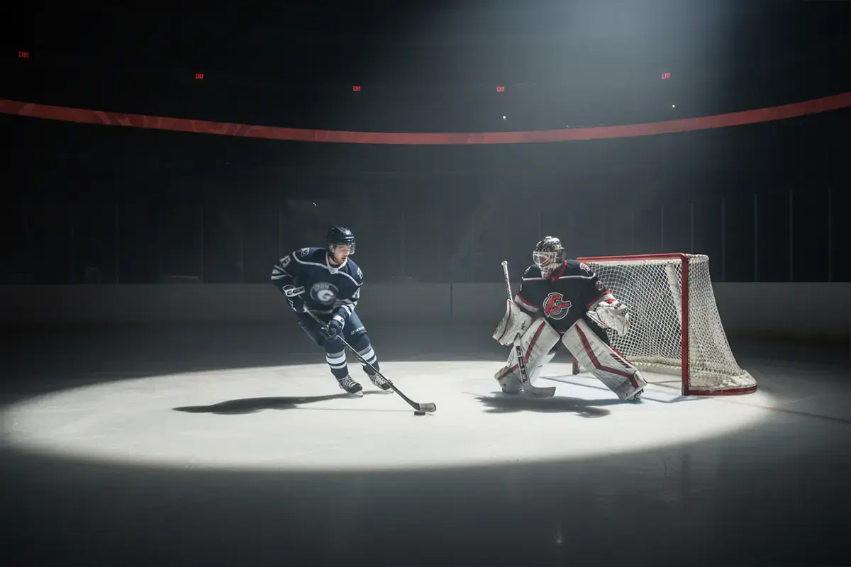 Eishockeyspieler beim Penalty-Shootout gegen den Torwart – Symbolbild für Overtime- und Shootout-Wetten
