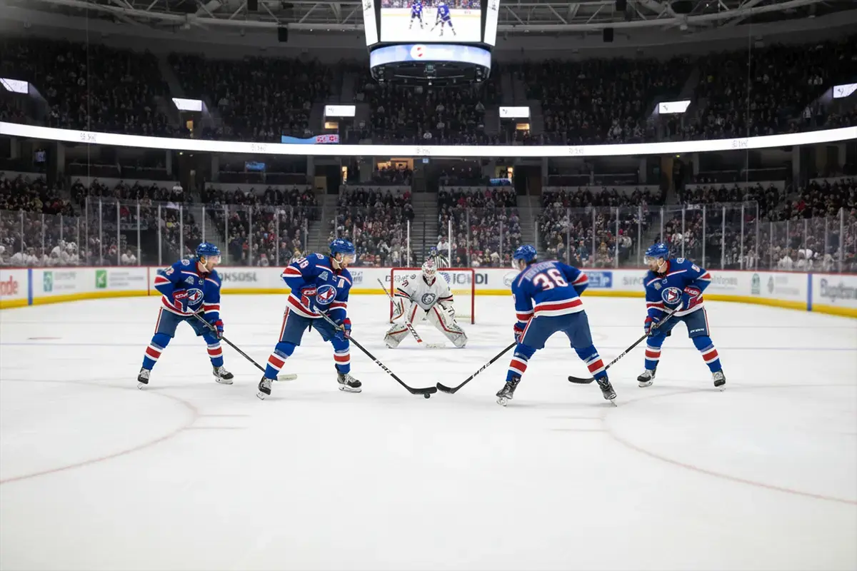 Eishockeyspieler in Überzahl-Formation auf dem Eis – Symbolbild für Powerplay-Wetten