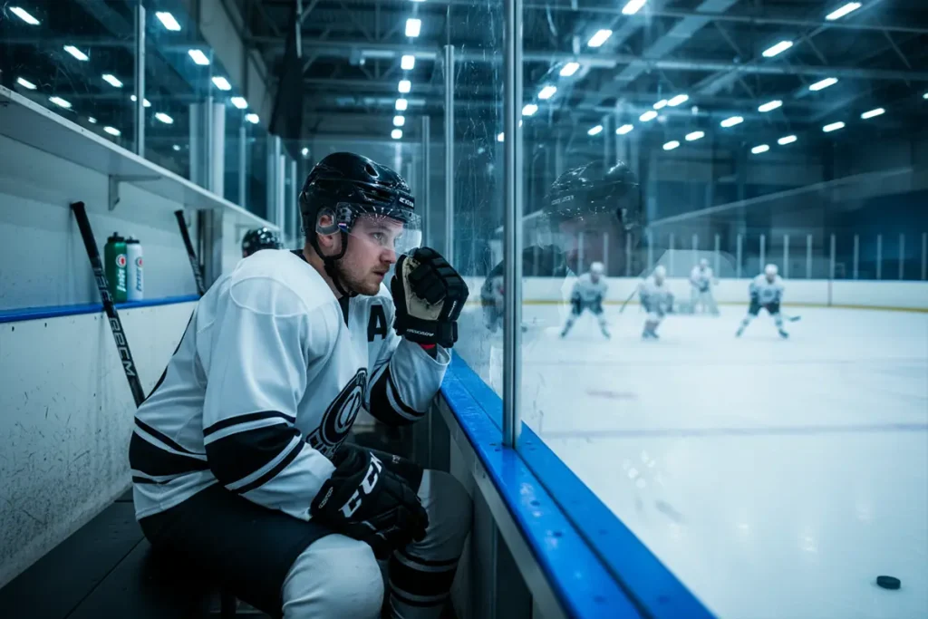 Eishockeyspieler auf der Strafbank neben dem Spielfeld – Symbolbild für Spezialwetten im Eishockey