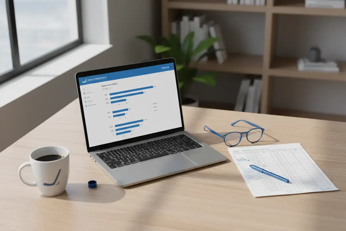 Eishockey-Statistiken und Datenanalyse auf einem Laptop