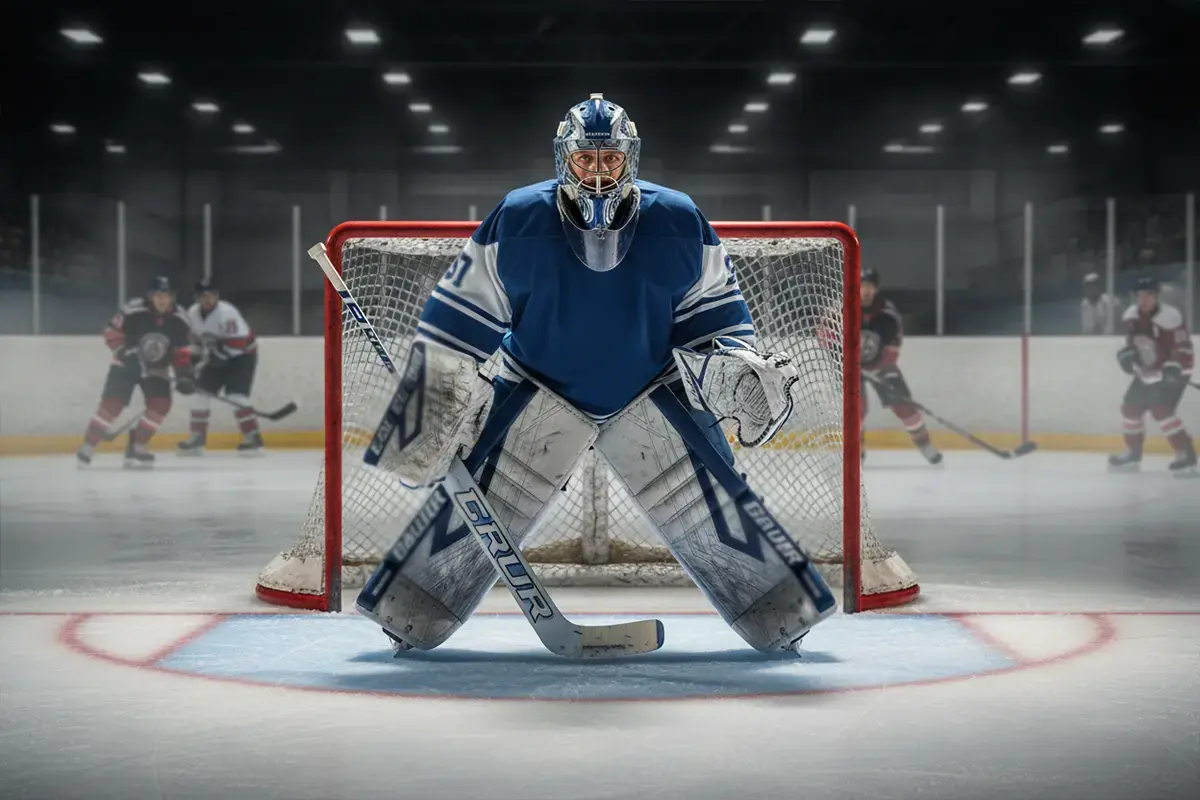 Eishockey-Torwart in Abwehrposition vor dem Tor – Symbolbild für Torwart-Analyse bei Wetten