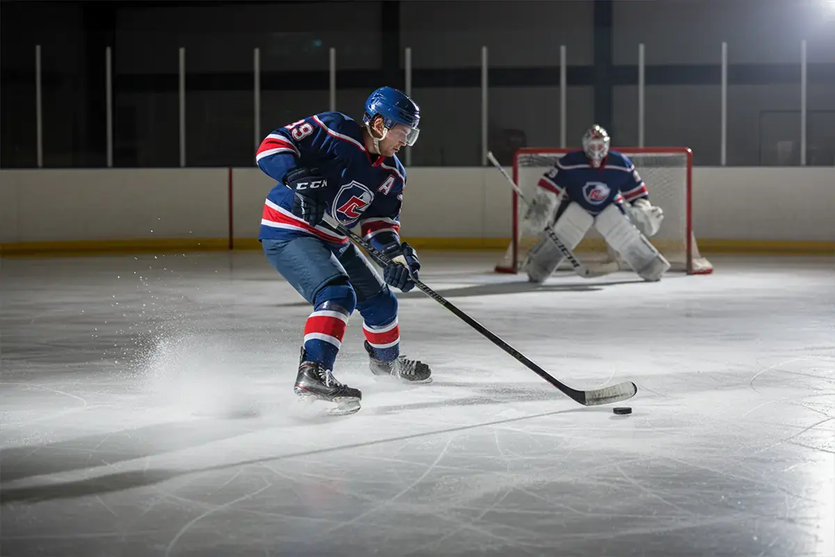 Eishockeyspieler schießt den Puck aufs Tor – Symbolbild für Torwetten im Eishockey