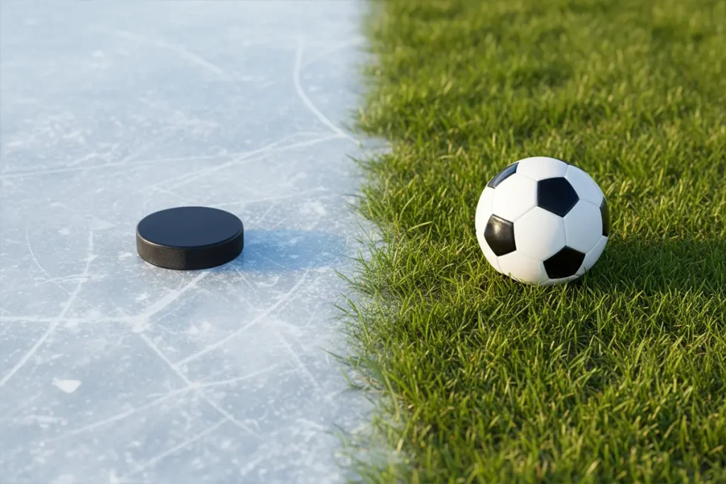 Eishockey-Puck und Fußball nebeneinander auf einer geteilten Fläche – Symbolbild für den Vergleich beider Sportarten