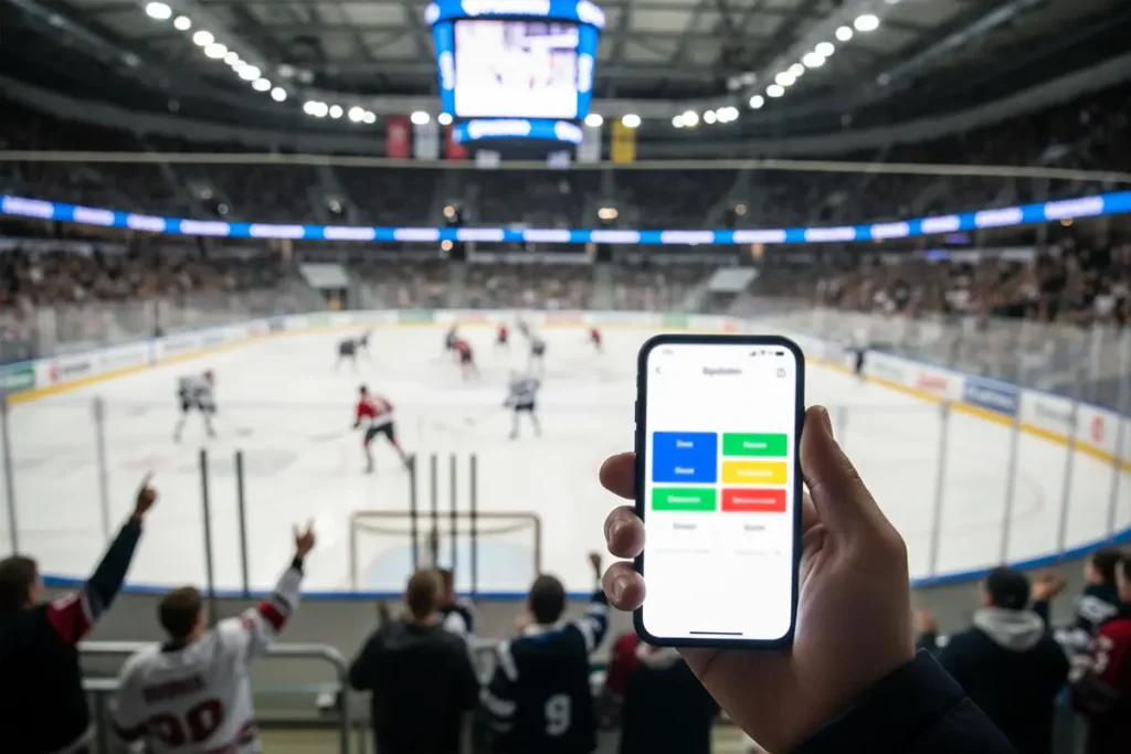 Hand hält Smartphone mit Eishockey-Wetten in einer Arena – Symbolbild für mobile Wetten-Apps