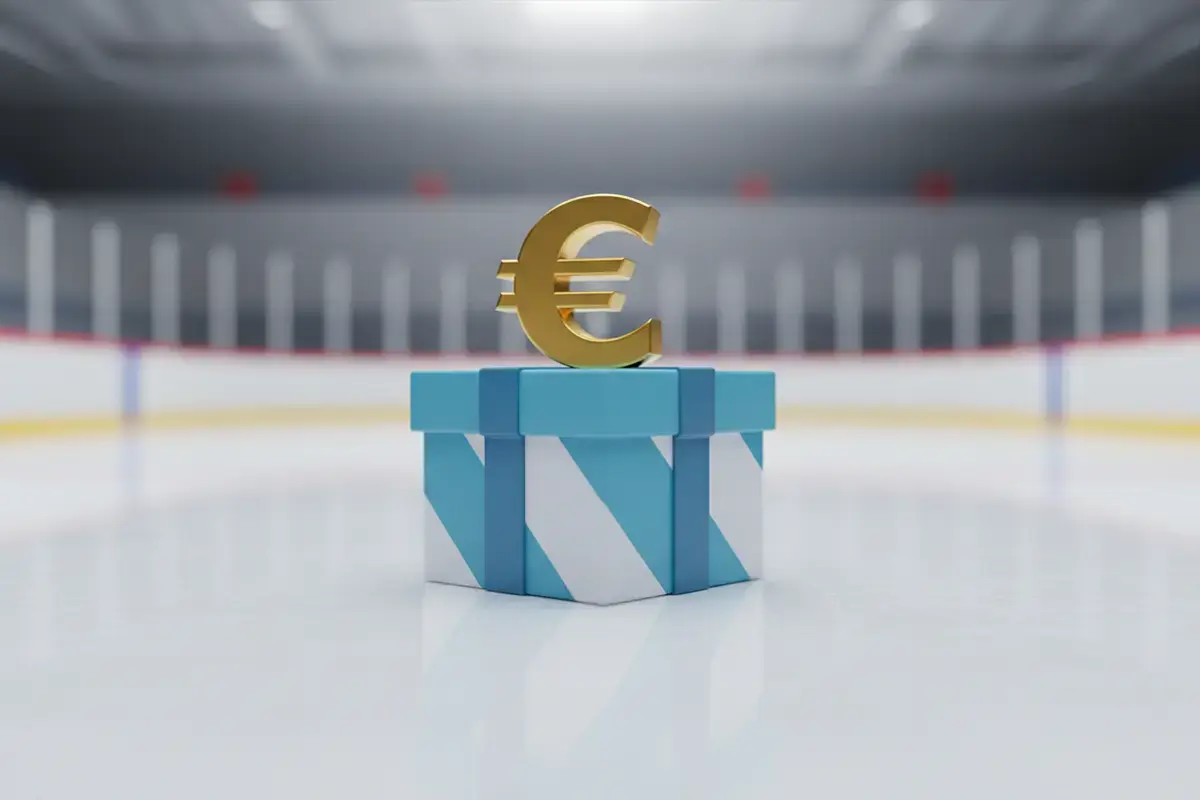 Geschenkbox mit €-Symbol auf einer Eisfläche – Symbolbild für Eishockey-Wetten-Bonus