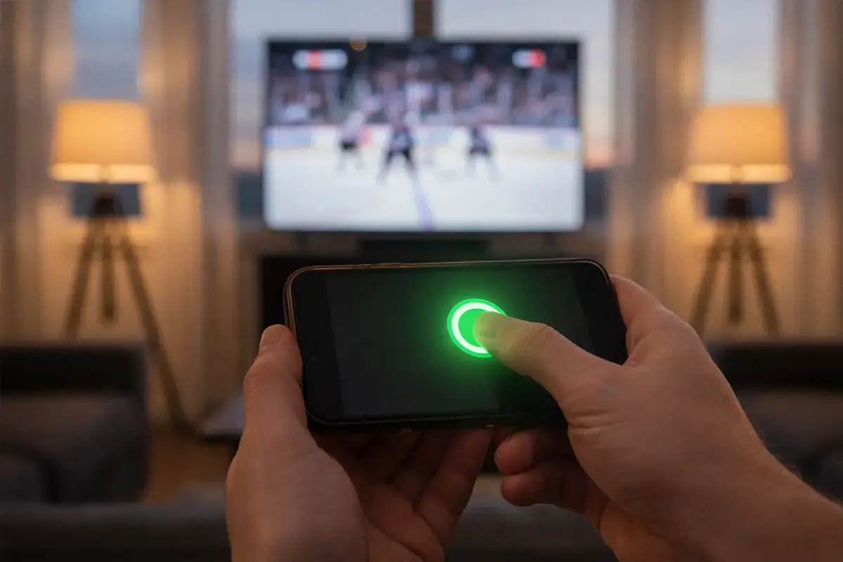 Person tippt auf einen Cashout-Button auf dem Smartphone während eines Eishockeyspiels – Symbolbild für Cashout
