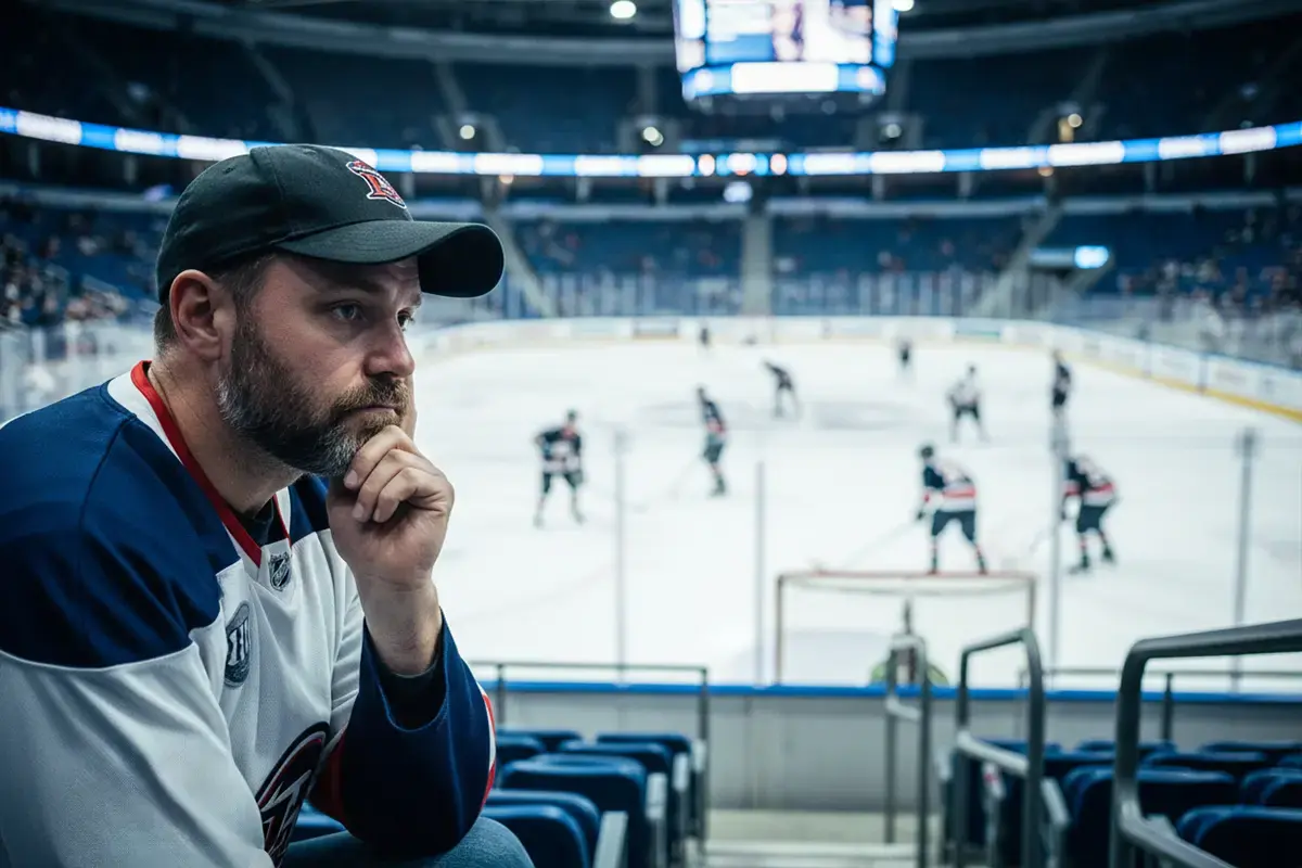 Eishockey-Fan mit nachdenklichem Blick vor einem Spielfeld – Symbolbild für typische Wettfehler