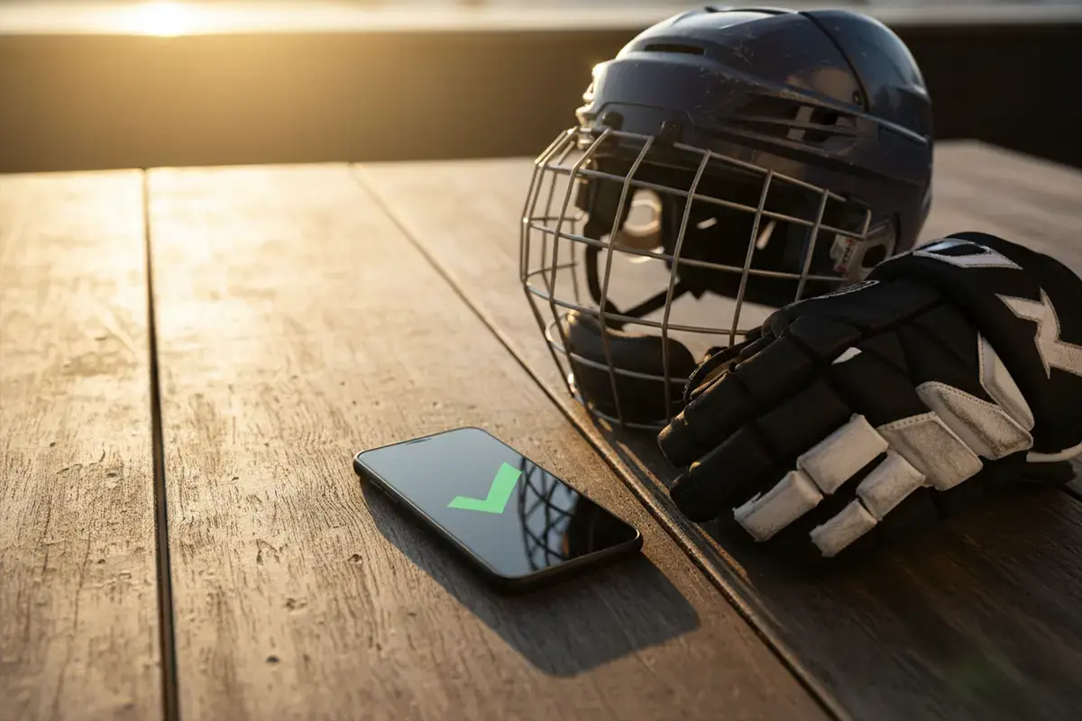 Smartphone mit Zahlungsbestätigung neben einem Eishockey-Helm – Symbolbild für PayPal-Zahlungen bei Wetten