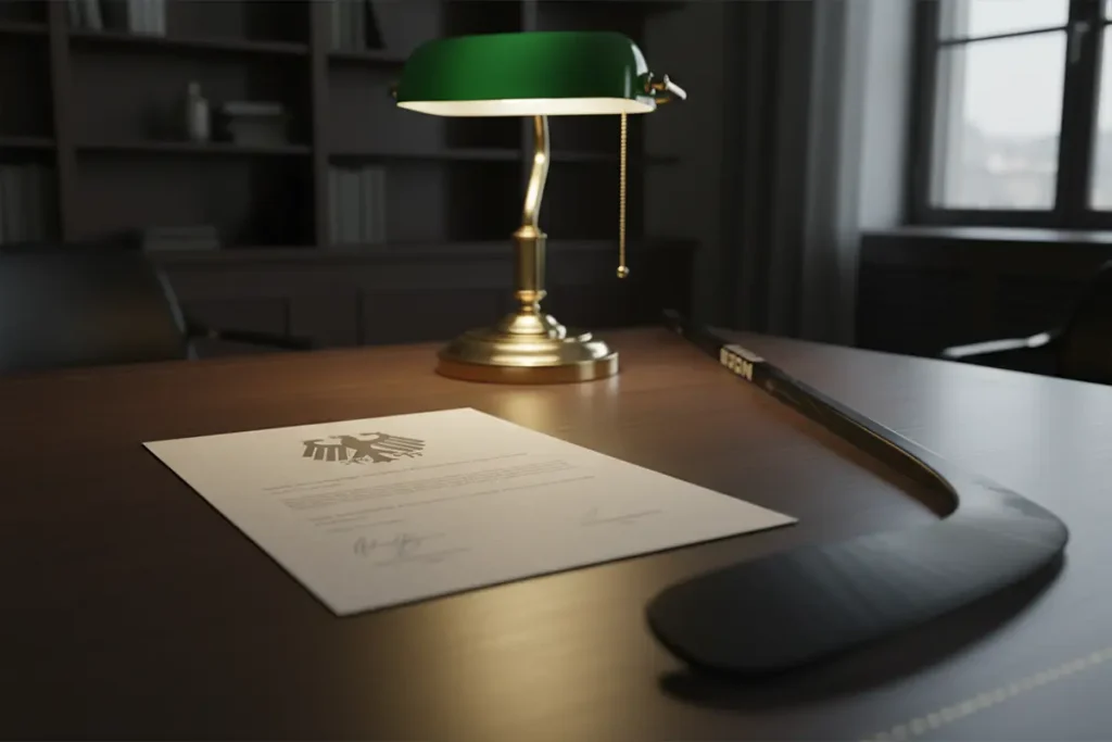 Dokument mit deutschem Wappen und Eishockeyschläger – Symbolbild für Wetten-Regulierung in Deutschland