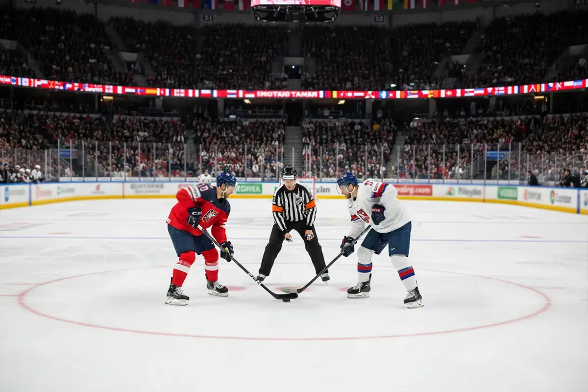 Nationalmannschaften beim Eishockey-WM-Spiel auf dem Eis – Symbolbild für Eishockey-WM-Wetten